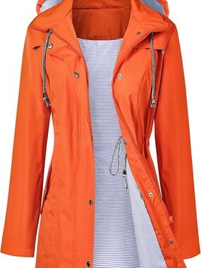 Orange Hooded Women's Rain Jacket